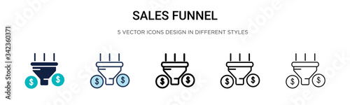Sales funnel icon in filled, thin line, outline and stroke style. Vector illustration of two colored and black sales funnel vector icons designs can be used for mobile, ui, web