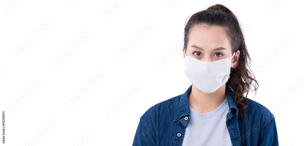 portrait of attractive asian female casual dress wearing protective surgical mask form coronavirus covid-19 spread isolate white background portrait of attractive asian female casual dress wearing protective surgical mask form coronavirus covid-19 spread isolate white background