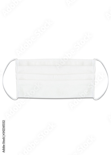 Typical 3-ply medical mask isolated on white. hard lighted, harsh shadow. White surgical ear-loop mask. Surgical mask with rubber ear straps to cover the mouth and nose. Procedure mask from bacteria.