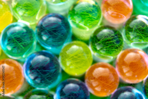 Water coloured gel balls. Silica gel. Close up macro photo