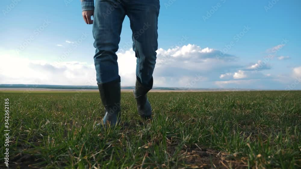 Walking a male farmer on a greenfield. The farmer's feet in boots Walking a male farmer on a greenfield. The farmer's feet in boots