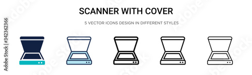 Scanner with cover icon in filled, thin line, outline and stroke style. Vector illustration of two colored and black scanner with cover vector icons designs can be used for mobile, ui, web