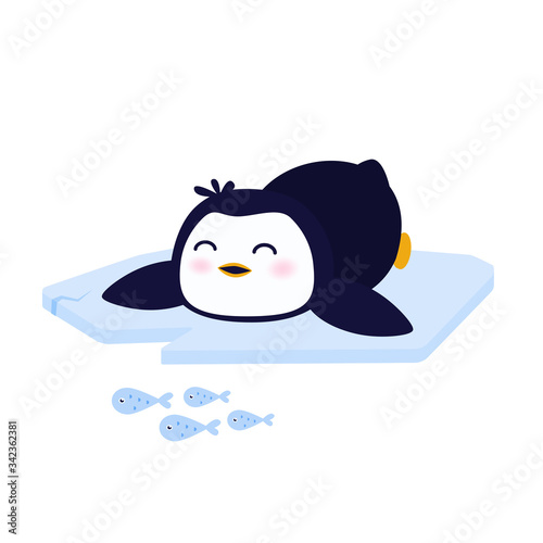 Cute penguin fishing. Adorable penguin with fish. Funny childrens illustration. Vector illustration with animal for t-shirt print, poster, postcard.