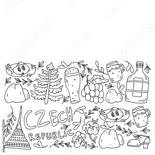 Vector pattern with symbols of Czech Republic. Set with tourism icons and landscapes elements. Travel to country. City, cathedral, building, European architecture. Illustration with landmarks