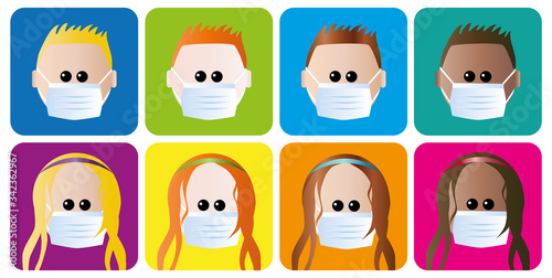 kids teens with mask coronavirus protection icon set