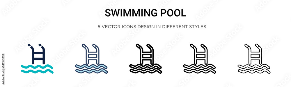Fototapeta premium Swimming pool icon in filled, thin line, outline and stroke style. Vector illustration of two colored and black swimming pool vector icons designs can be used for mobile, ui, web