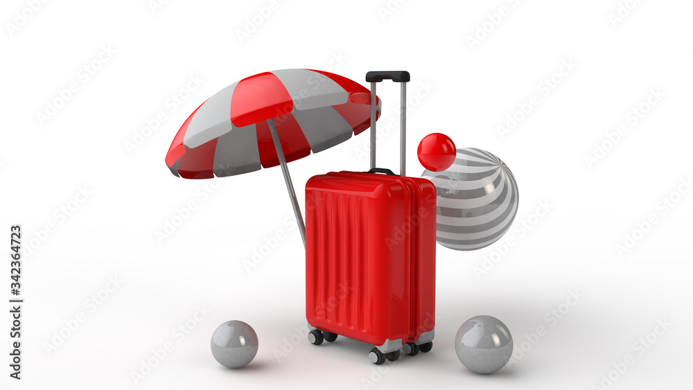 3d illustration. Red suitcase, beach umbrella and balls isolated on white background. Travel concept 3d illustration. Red suitcase, beach umbrella and balls isolated on white background. Travel concept