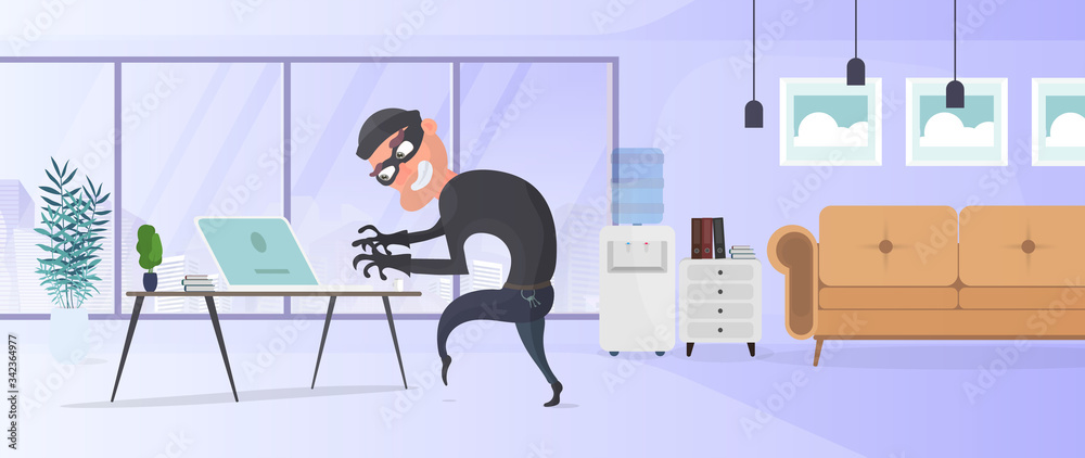 Thief in the office. A robber steals data from a laptop. Security concept. Thief man robbing an office. Robbery at home. Flat style vector illustration.