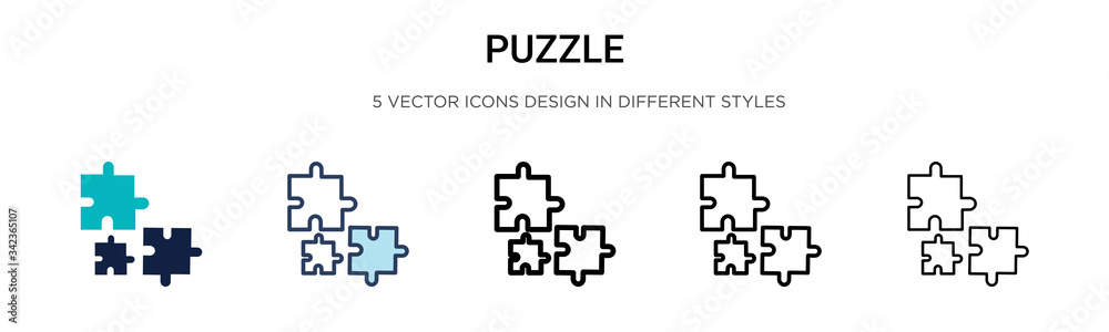 Puzzle icon in filled, thin line, outline and stroke style. Vector illustration of two colored and black puzzle vector icons designs can be used for mobile, ui, web