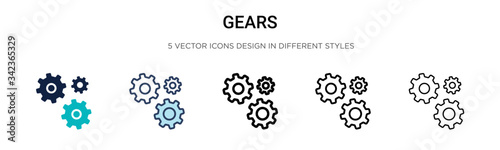 Gears icon in filled, thin line, outline and stroke style. Vector illustration of two colored and black gears vector icons designs can be used for mobile, ui, web