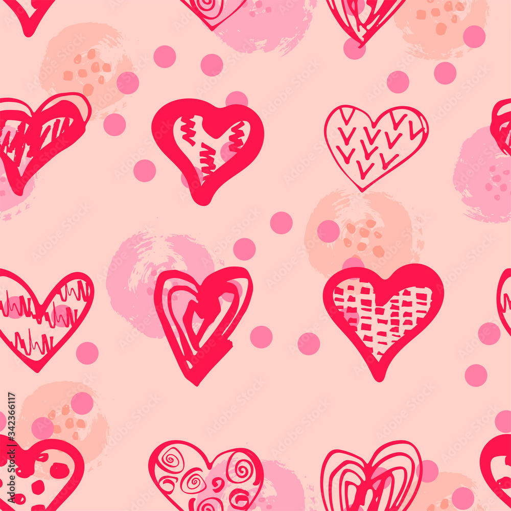 Hand drawn sketch style hearts seamless pattern. Vector illustration.