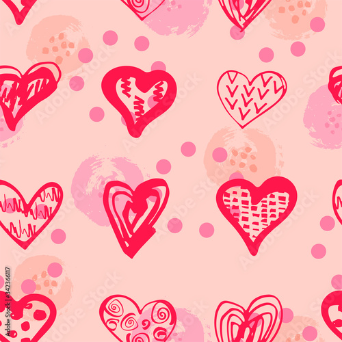 Hand drawn sketch style hearts seamless pattern. Vector illustration.