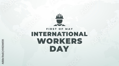 International workers day may first grey modern banner, sign, card, design, concept with black text and construction worker icon  on a light background 