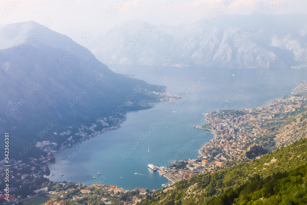 Bay of Kotor and town Kotor, aerial view. Montenegro, autumn 2019