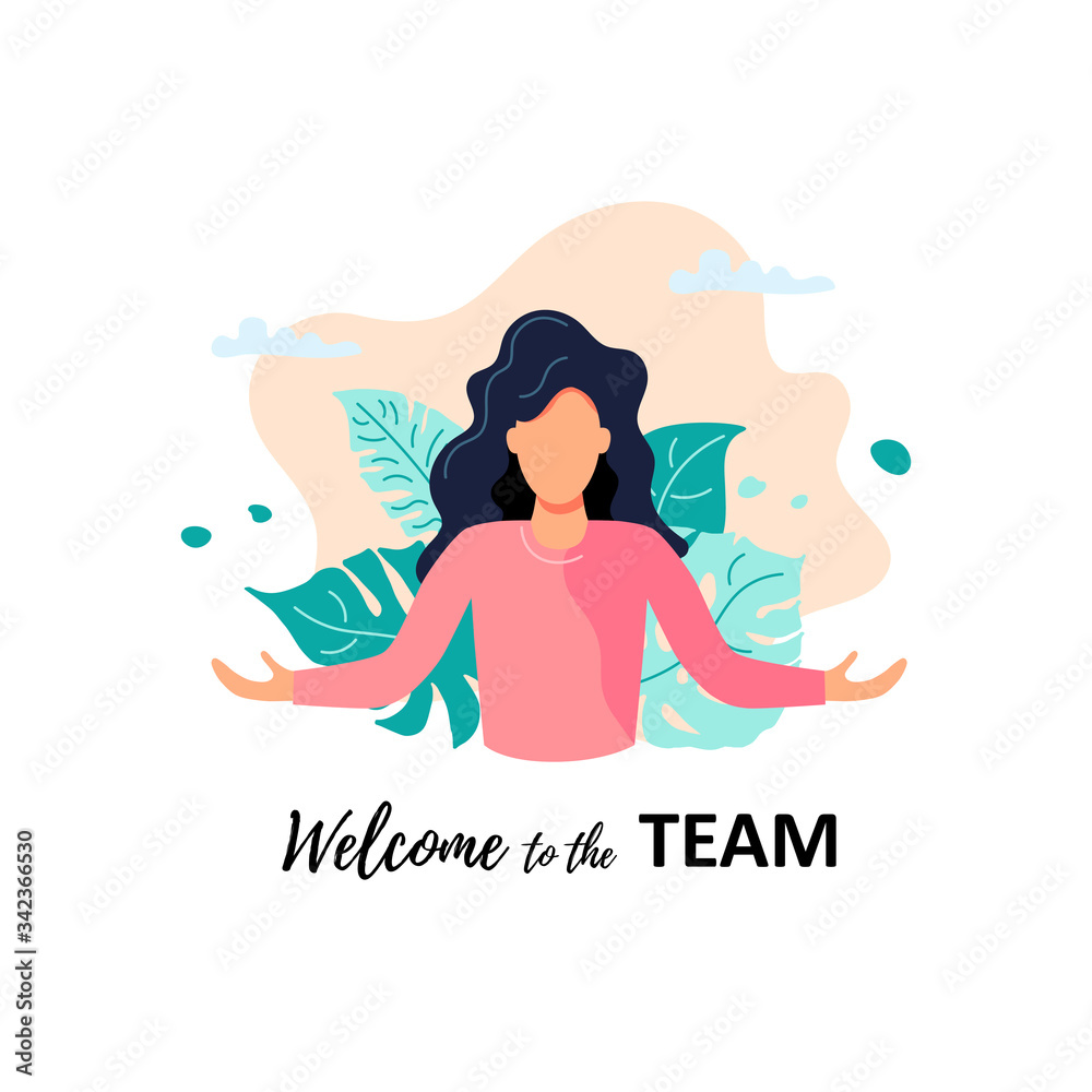 Welcome, meeting concept. Women opens his hands. Flat cartoon style design. Vector illustration on white background. Welcome, meeting concept. Women opens his hands. Flat cartoon style design. Vector illustration on white background.