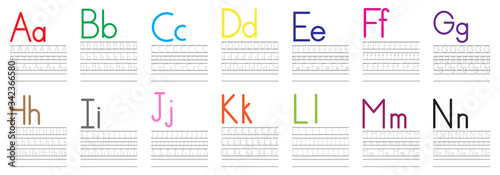 Writing practice of English letters from A to N. Education for children. Vector illustration