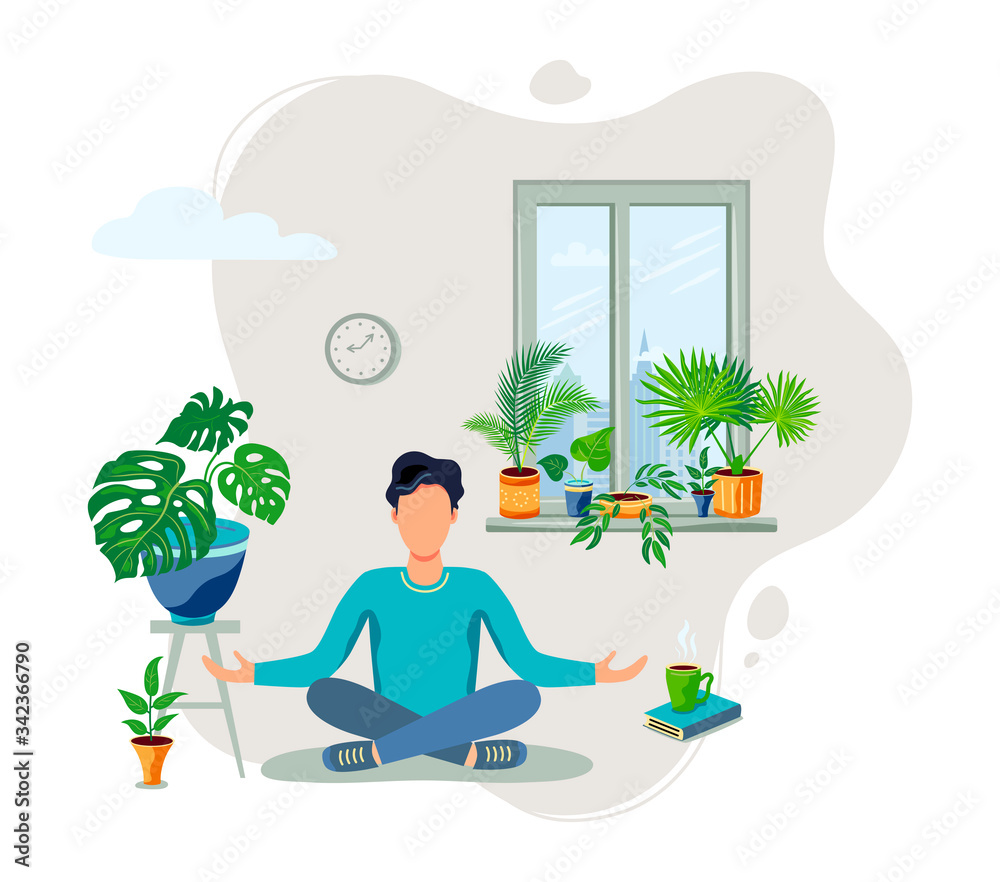 Fototapeta premium Person is sitting in a meditative pose at green home near the window. Home gardening, urban jungle, house plant concept. Balanced and healthy lifestyle. Flat cartoon style design vector illustration.