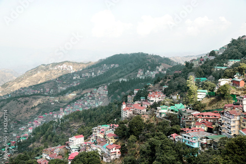 Shimla, India - 03/01/2020: View of the upper areas of the city located on the slopes of the Himalayas