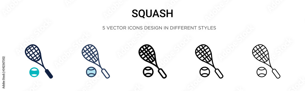 Squash icon in filled, thin line, outline and stroke style. Vector illustration of two colored and black squash vector icons designs can be used for mobile, ui, web - obrazy, fototapety, plakaty 