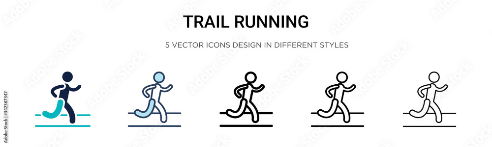 Trail running icon in filled, thin line, outline and stroke style. Vector illustration of two colored and black trail running vector icons designs can be used for mobile, ui, web