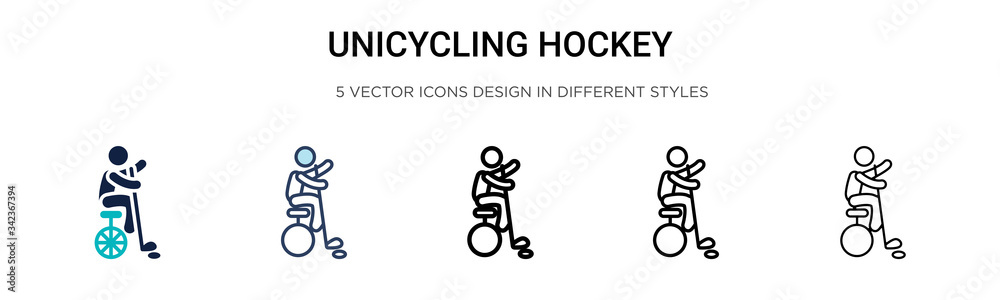 Unicycling hockey icon in filled, thin line, outline and stroke style. Vector illustration of two colored and black unicycling hockey vector icons designs can be used for mobile, ui, web