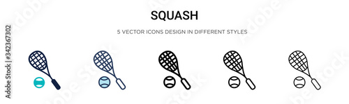 Squash icon in filled, thin line, outline and stroke style. Vector illustration of two colored and black squash vector icons designs can be used for mobile, ui, web