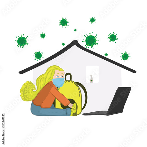 A girl in a medical mask with a backpack