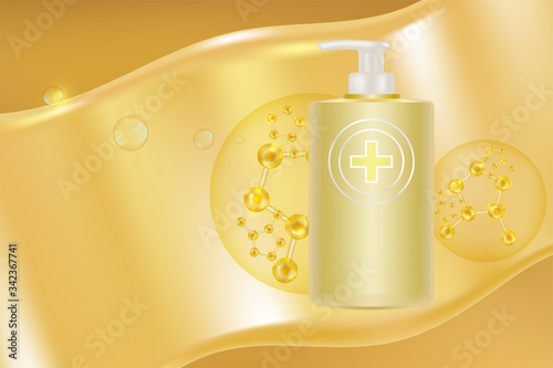 Beauty product ad design, gold cosmetic container with collagen solution advertising background ready to use, luxury skin care banner, illustration vector.