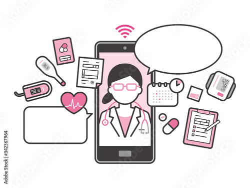 オンライン診療のベクターアイコン　スマホ　女性医師