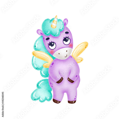Cute cartoon purple unicorn with a green mane and yellow wings is standing on a white background