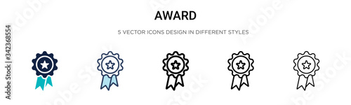 Award icon in filled, thin line, outline and stroke style. Vector illustration of two colored and black award vector icons designs can be used for mobile, ui, web