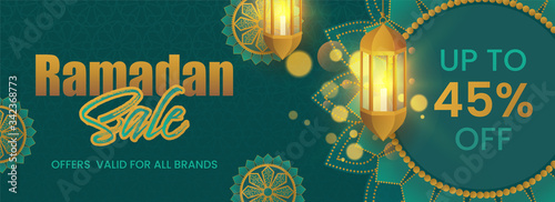 Ramadan Sale Banner Design with Stylish Text, Hanging Lanterns on Green Background.