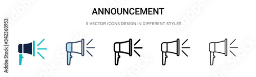 Announcement icon in filled, thin line, outline and stroke style. Vector illustration of two colored and black announcement vector icons designs can be used for mobile, ui, web