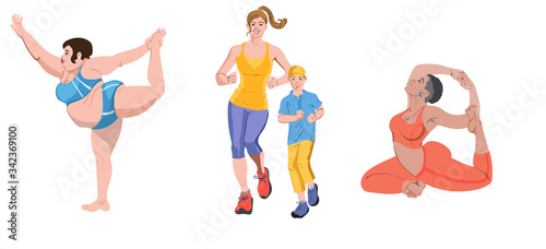 Set of people doing exercises. Fat woman making ballet poses in shorts, mom and little boy jogging, afro girl practicing yoga