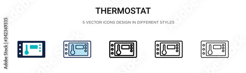 Thermostat icon in filled, thin line, outline and stroke style. Vector illustration of two colored and black thermostat vector icons designs can be used for mobile, ui, web