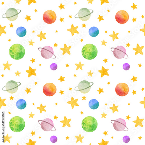 Childish cosmic pattern. Multicolored watercolor planets and stars isolated on white background. Cute universe. Seamless space texture for fabric, textile, packaging design. Bright fantastic print