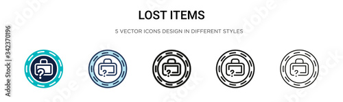 Lost items icon in filled, thin line, outline and stroke style. Vector illustration of two colored and black lost items vector icons designs can be used for mobile, ui, web