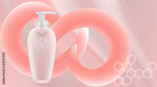 Beauty product ad design, pink cosmetic container with collagen solution advertising background ready to use, luxury skin care banner, illustration vector.