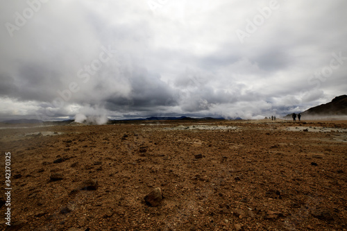 Hverir / Iceland - August 30, 2017: Hverir geothermal and sulfur area near Namafjall mountain, Myvatn Lake area, Iceland, Europe photo