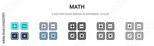 Math icon in filled, thin line, outline and stroke style. Vector illustration of two colored and black math vector icons designs can be used for mobile, ui, web