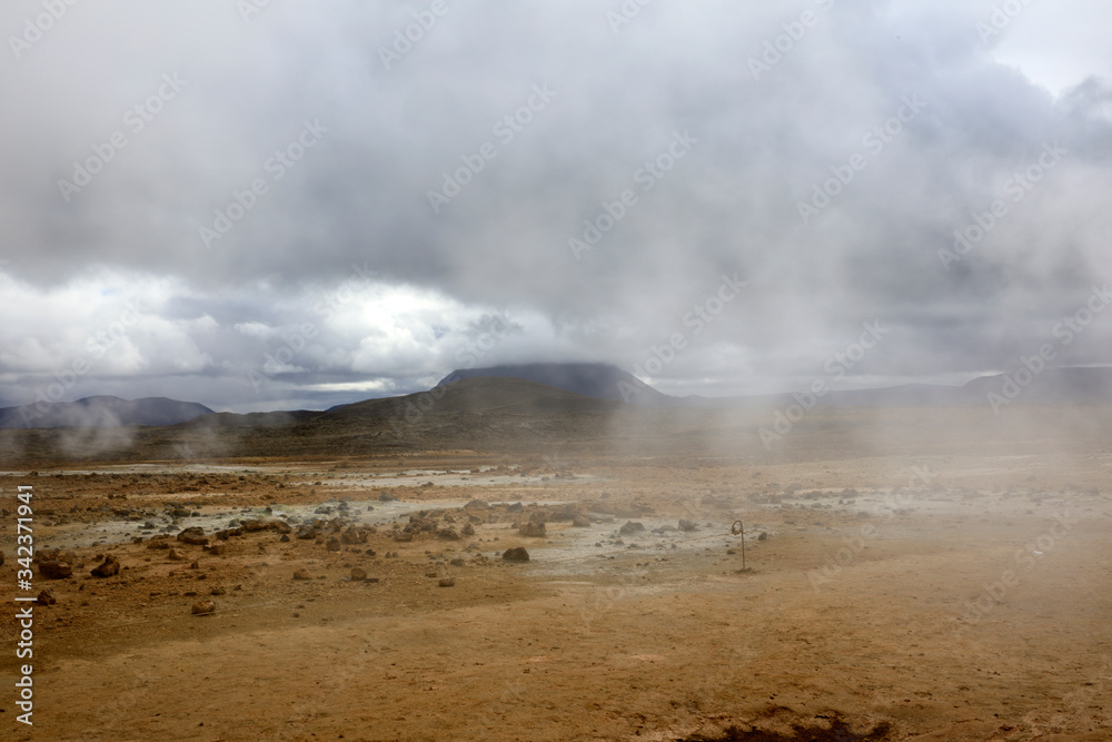 Hverir / Iceland - August 30, 2017: Hverir geothermal and sulfur area near Namafjall mountain, Myvatn Lake area, Iceland, Europe