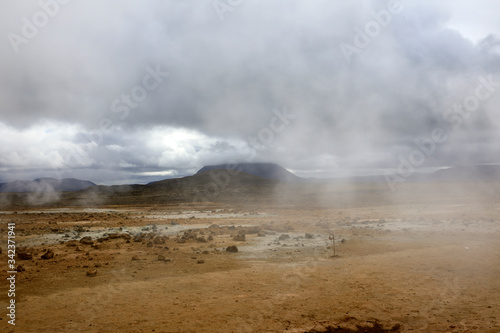 Hverir / Iceland - August 30, 2017: Hverir geothermal and sulfur area near Namafjall mountain, Myvatn Lake area, Iceland, Europe