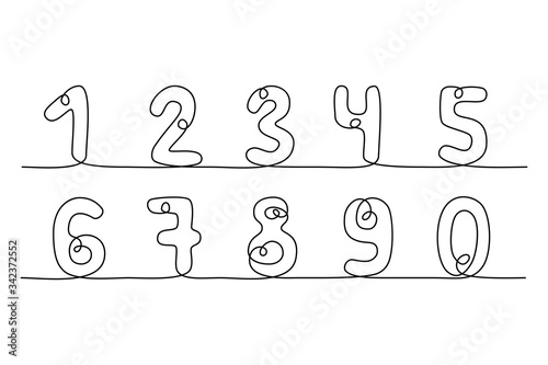 Continuous line drawing. Numbers. Black isolated on white background. Hand drawn vector illustration. 