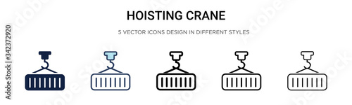 Hoisting crane icon in filled, thin line, outline and stroke style. Vector illustration of two colored and black hoisting crane vector icons designs can be used for mobile, ui, web