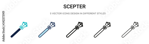 Scepter icon in filled, thin line, outline and stroke style. Vector illustration of two colored and black scepter vector icons designs can be used for mobile, ui, web