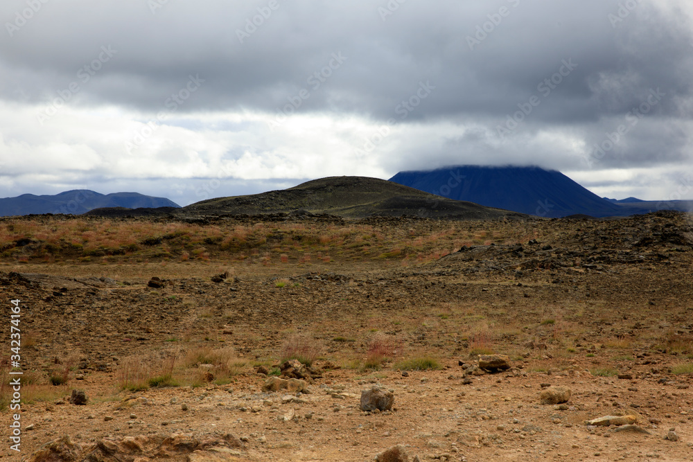 Naklejka premium Hverir / Iceland - August 30, 2017: Hverir geothermal and sulfur area near Namafjall mountain, Myvatn Lake area, Iceland, Europe