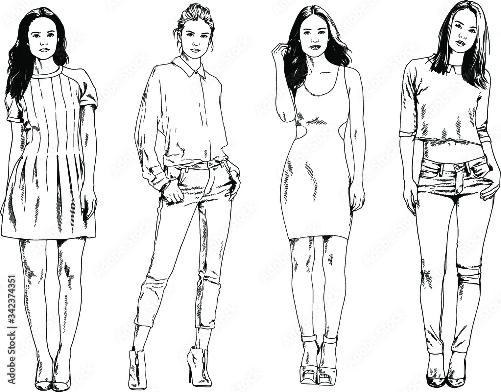 vector drawings on the theme of beautiful slim sporty girl in casual clothes in various poses painted ink hand sketch with no background