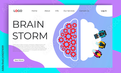 Brainstorm landing page template. Creative flat cartoon vector illustration  table and human brain with gear. Online brainstorming concept for web page. Poster, banner, website design