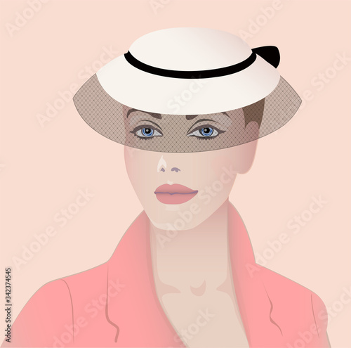 Portrait lady hat with veil pink background