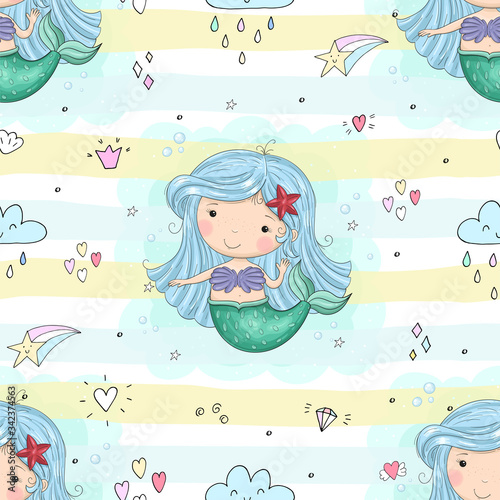 Seamless pattern with Hand drawn vector little mermaid. Cute hand drawn with cute little mermaid vector seamless pattern illustration. Cute Cartoon mermaid
